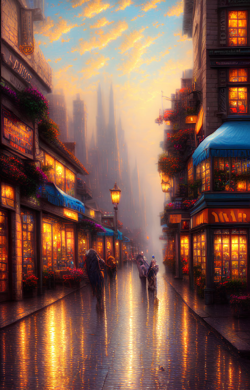 Colorful store fronts and warm lights illuminate a picturesque dusk street scene with a person walking and wet cob