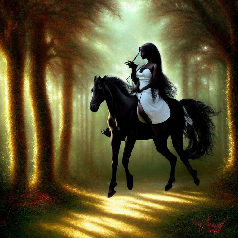 Woman in white dress riding black horse through mystical forest with sunbeams.