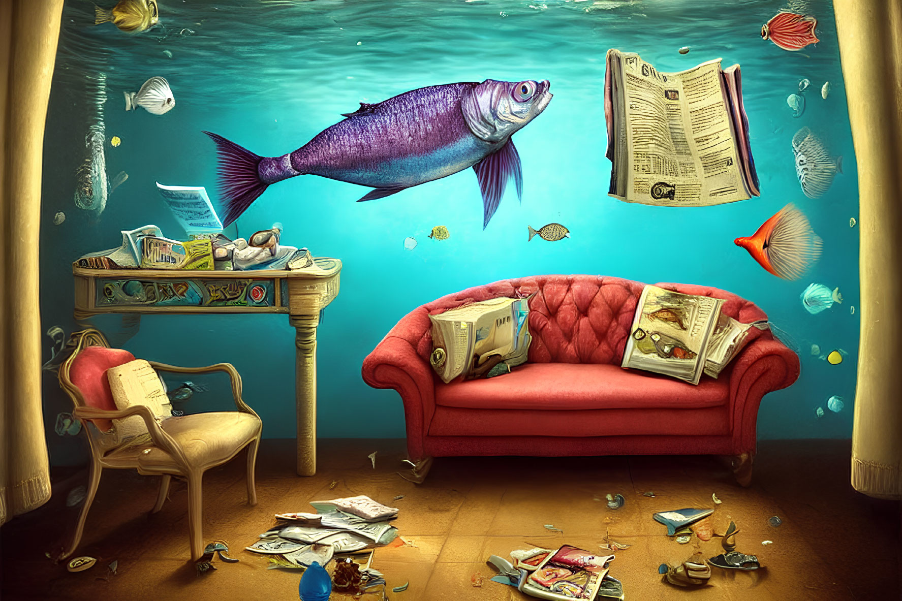 Underwater scene with fish and furnished room elements.