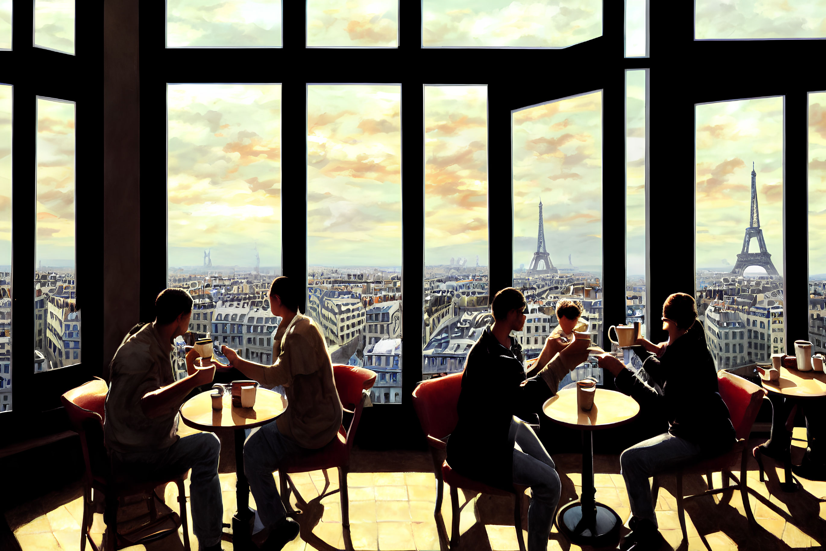 Cityscape cafe with panoramic view of Eiffel Tower