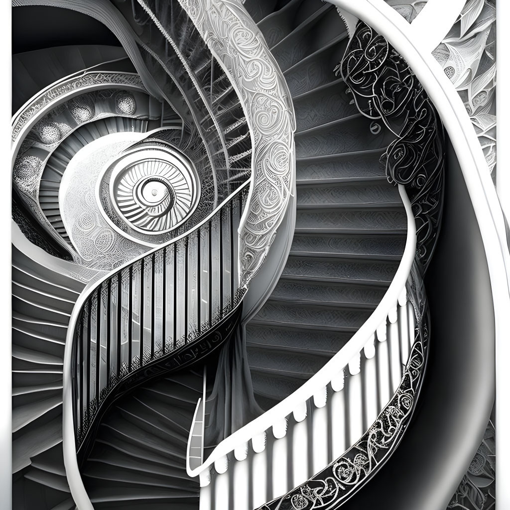 Monochrome Spiral Staircase with Ornate Railings and Geometric Patterns