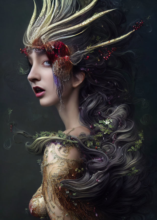 Elaborate fantasy makeup woman with dark hair, gold accents, and berries on dark background