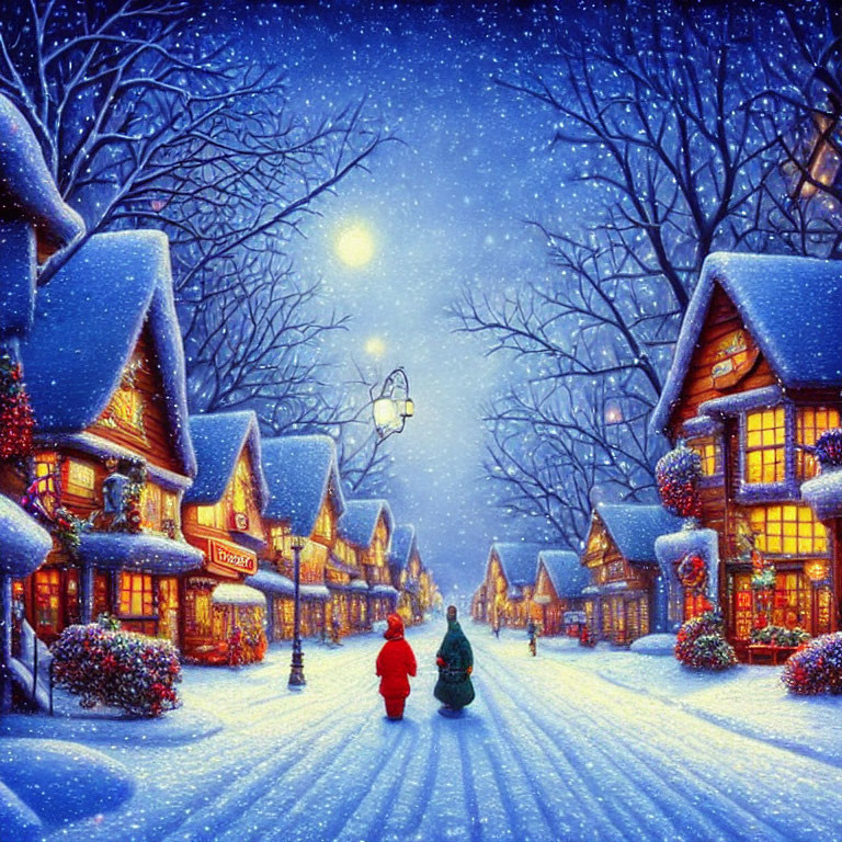 Snowy Village Street at Night with Festive Decorations and Two People Walking