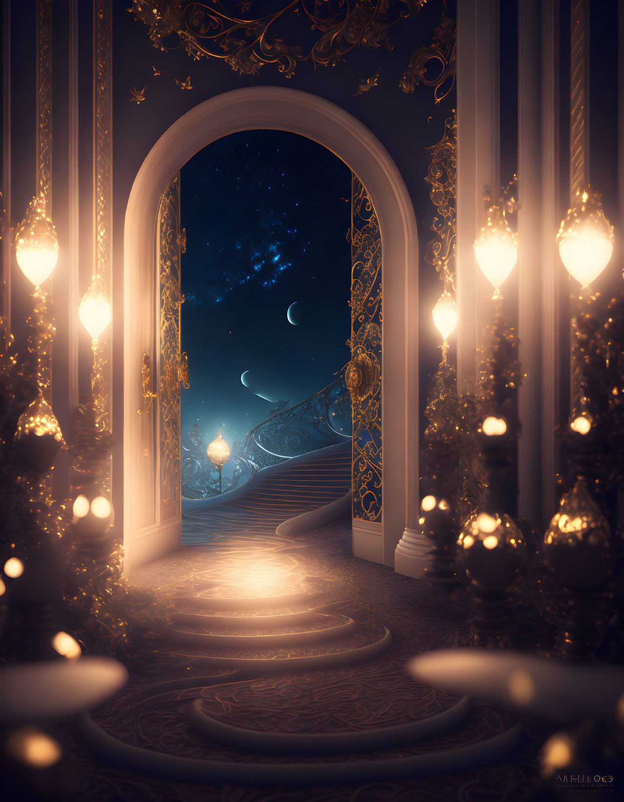 Ornate corridor with golden details and glowing lanterns opens to night sky with stars and crescent