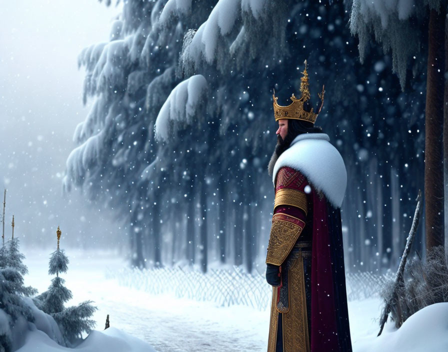 Regal king in crown, snowy forest landscape, snowflakes falling