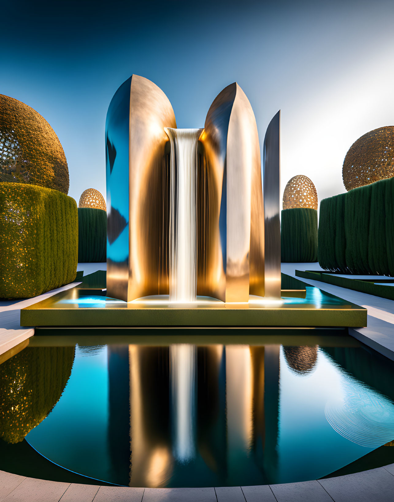 Contemporary Water Feature with Cascading Waterfall and Metallic Structures