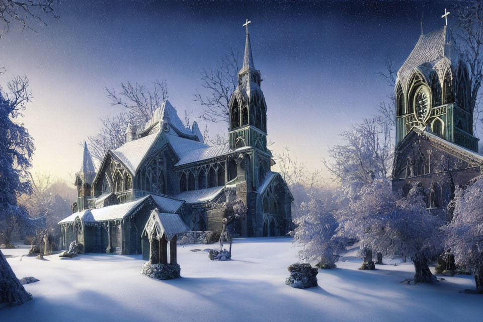 Gothic-style church in winter twilight with snow-covered trees