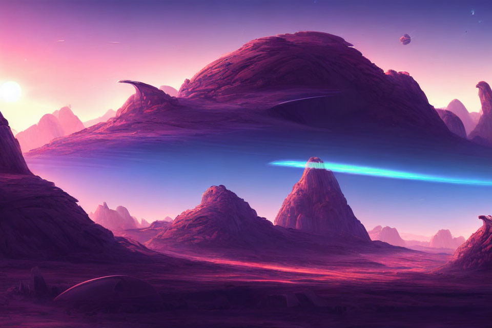 Surreal sci-fi landscape with purple hues and alien terrain