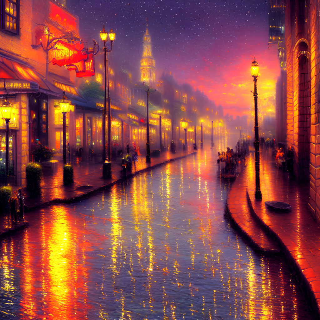 Vibrant dusk street scene with illuminated buildings on wet cobblestone.