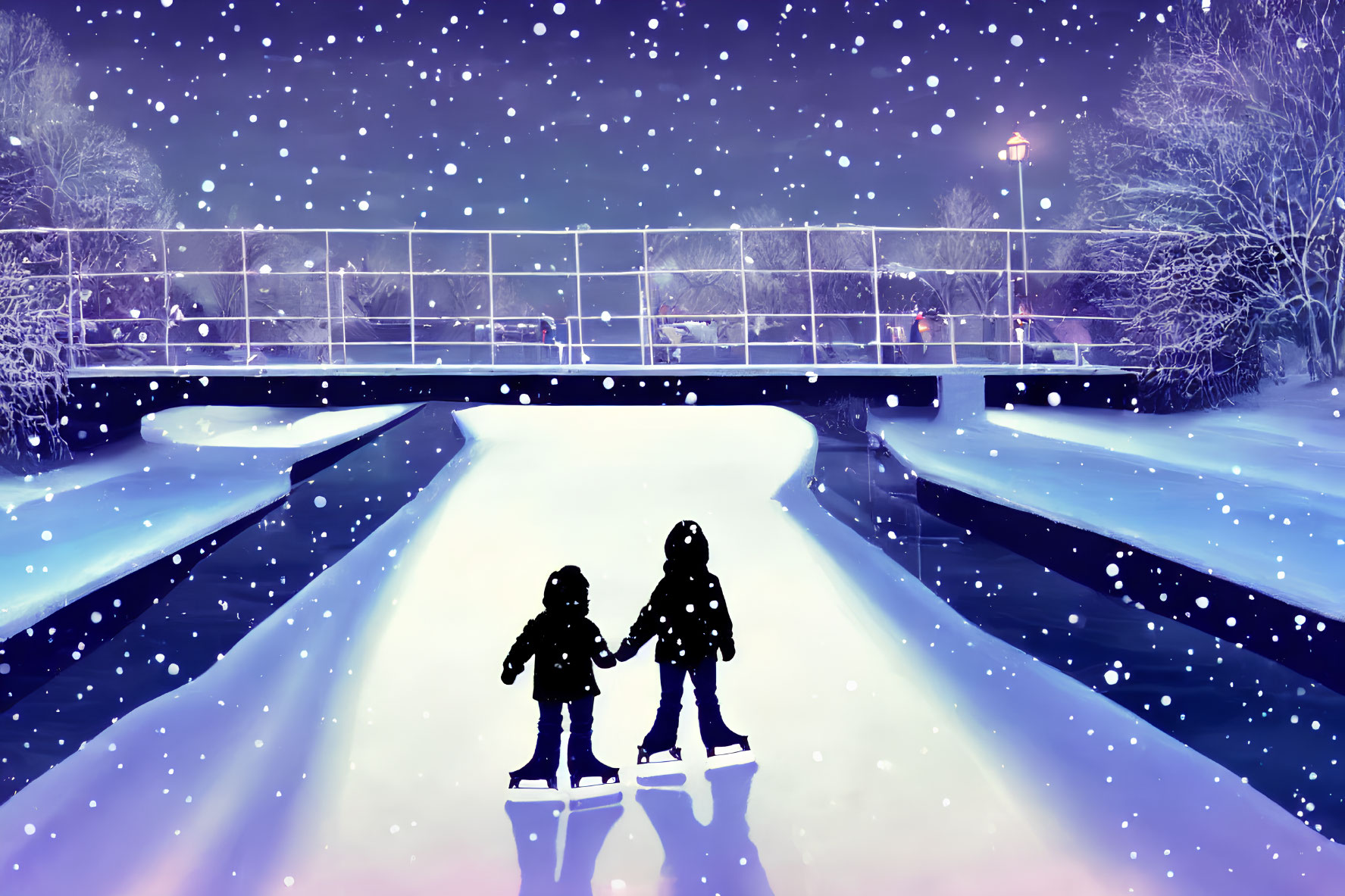 Couple ice skating under bridge with falling snowflakes at night