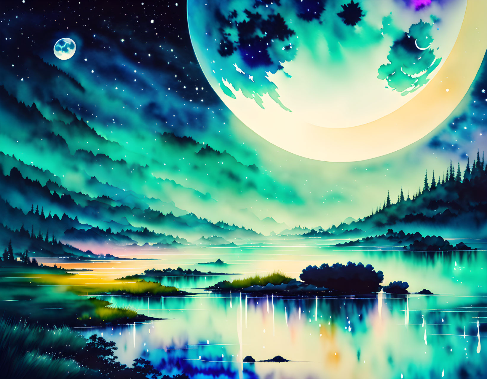 Mystical night scenery with large moon and serene lake