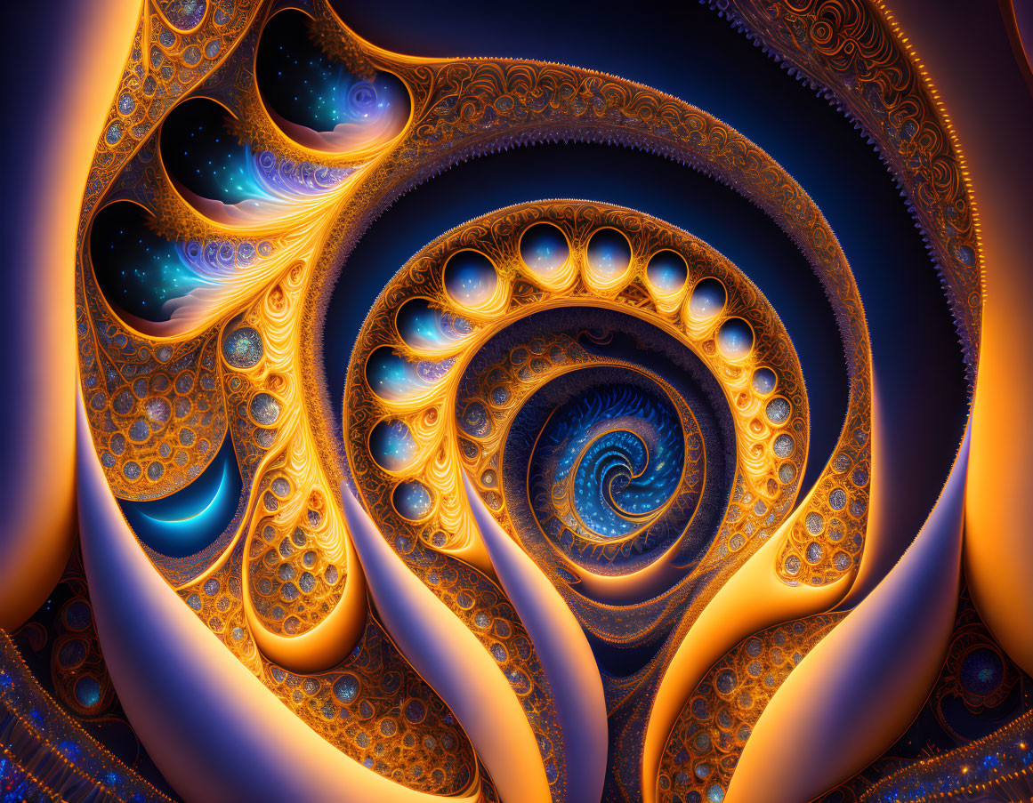 Intricate Blue and Gold Spiral Fractal Art