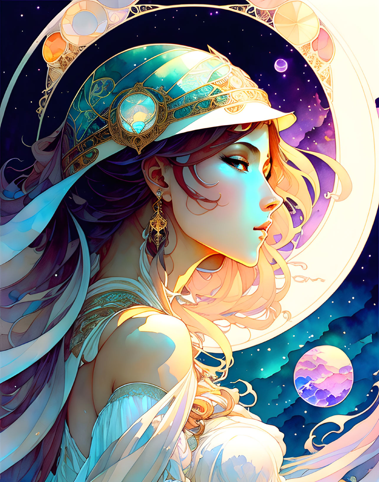 Colorful flowing hair woman with headdress in cosmic scene