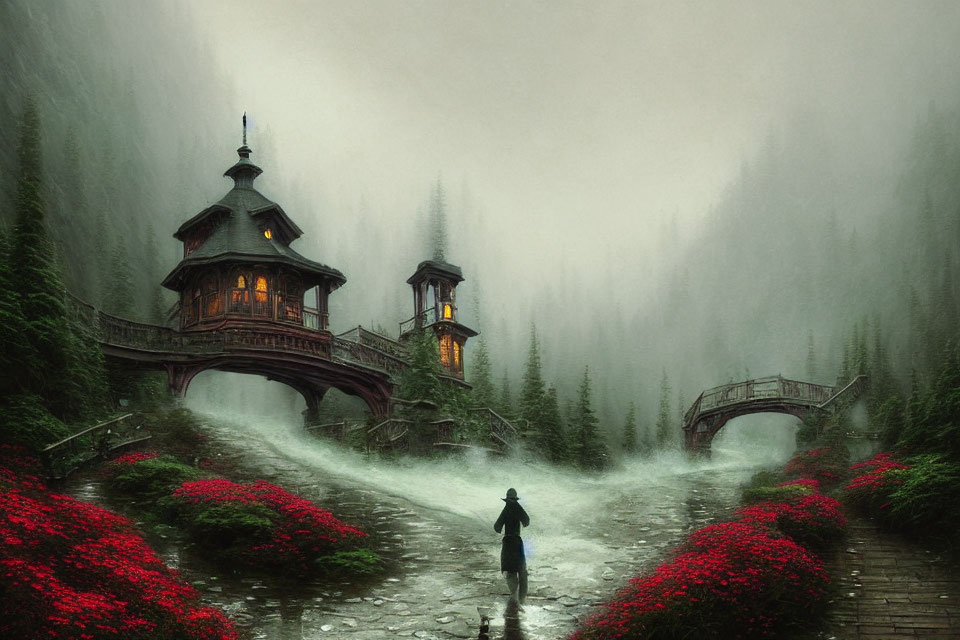 Lone figure walking to ornate wooden house with red flowers and foggy forest.