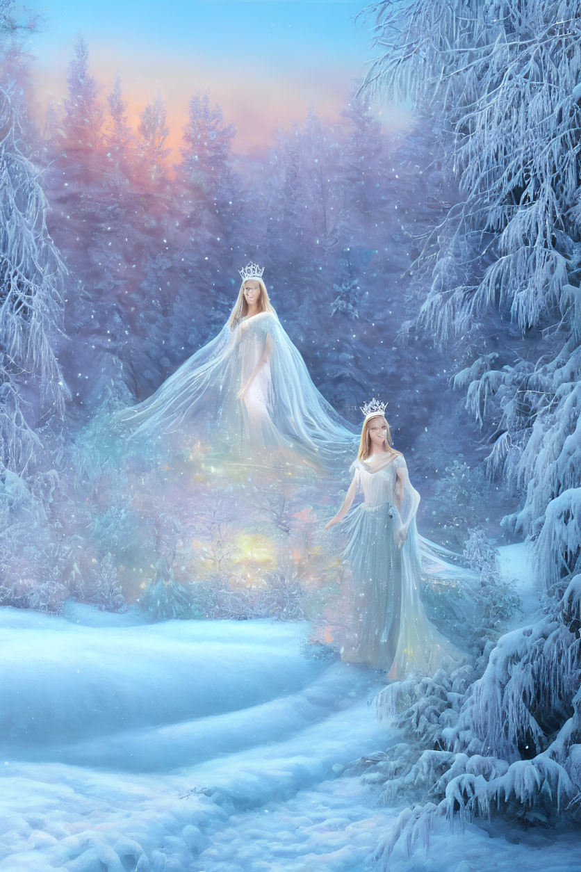 Ethereal women in snowy forest with glowing light