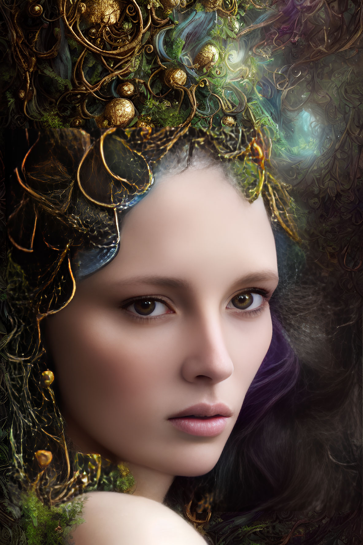 Portrait of Woman with Fair Skin and Dark Hair in Nature-Inspired Headdress