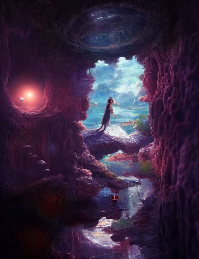 Figure at mystical cave entrance overlooking vibrant otherworldly landscape