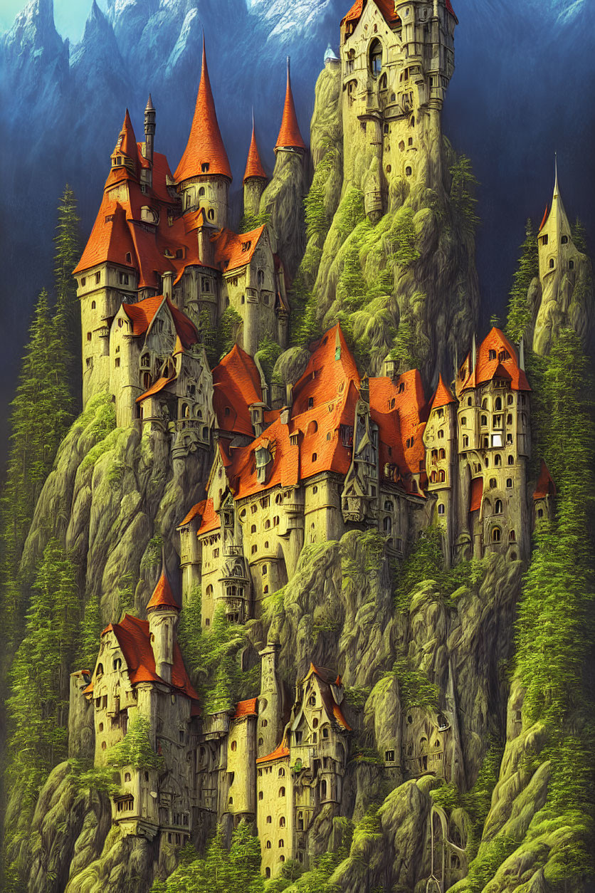 Multi-tiered castle with orange roofs on mountain surrounded by lush greenery and pine-clad peaks