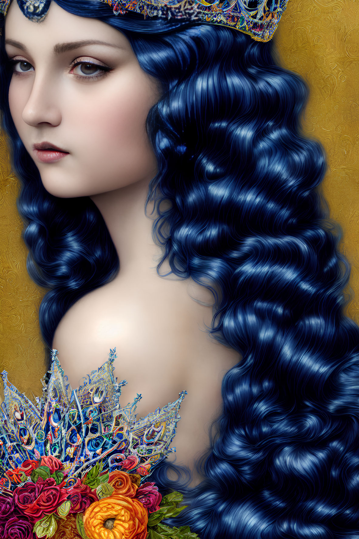 Portrait of Woman with Intricate Blue Hair and Elaborate Floral Jewelry