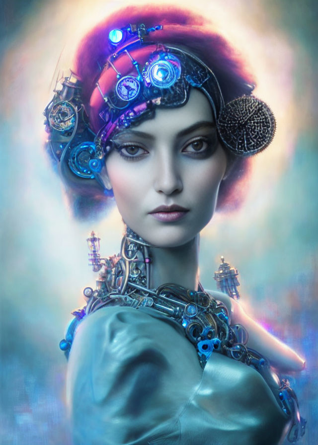 Female cyborg portrait with intricate mechanical parts and glowing blue elements on a soft blue background