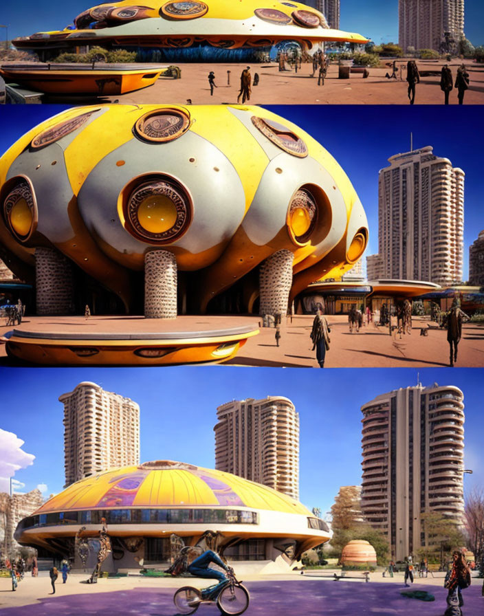 Futuristic urban scene with spherical yellow building and skyscrapers