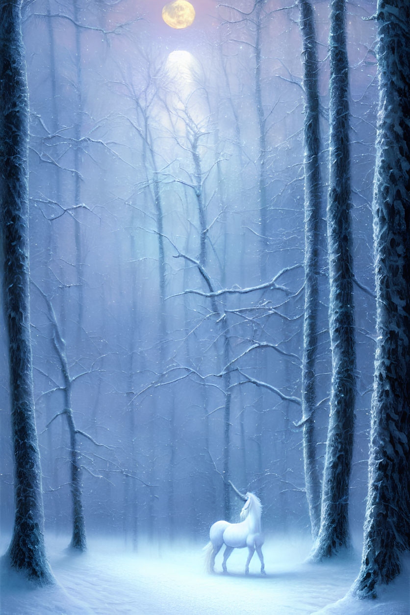 White Unicorn in Snowy Forest Under Full Moon