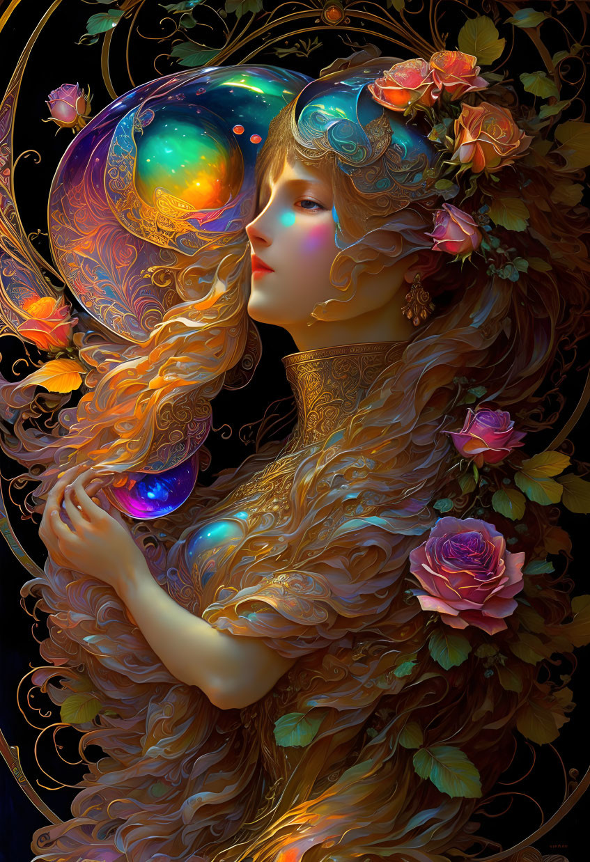 Detailed illustration of woman with flowing hair and roses, holding cosmic orb on dark background