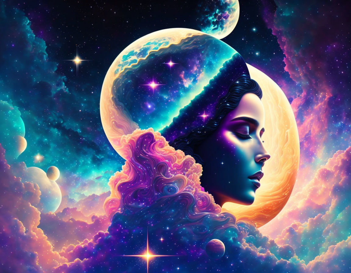 Colorful cosmic portrait blending woman's profile with celestial bodies and stars.