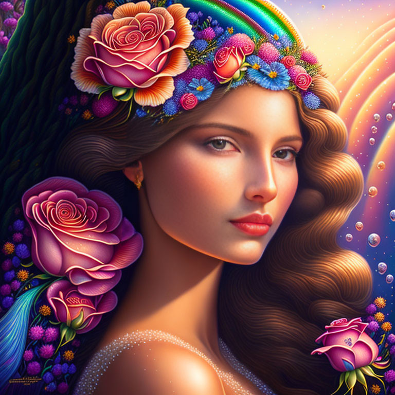 Vibrant woman with floral hairband on whimsical rainbow background