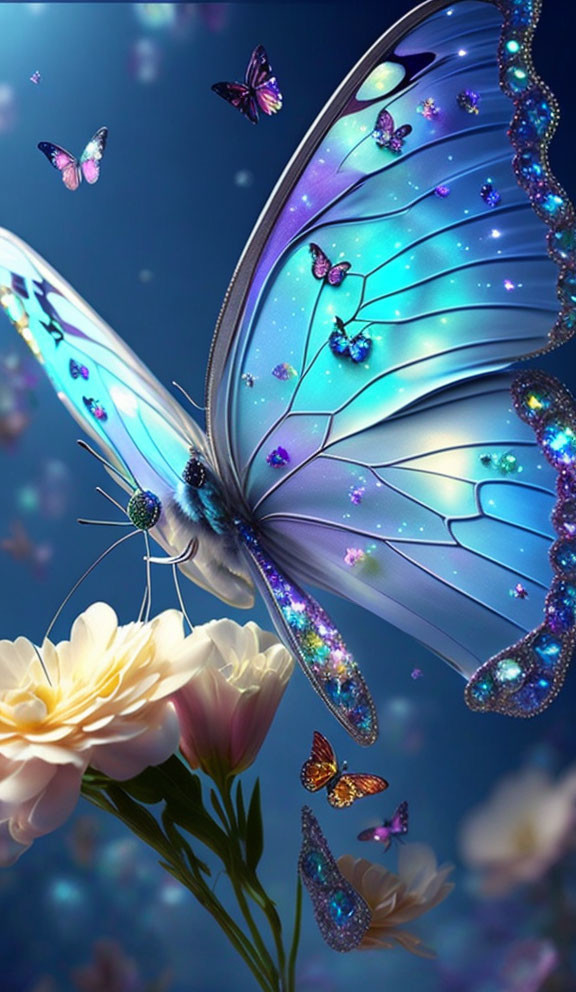 Colorful Blue Butterfly Surrounded by Smaller Butterflies in Floral Setting