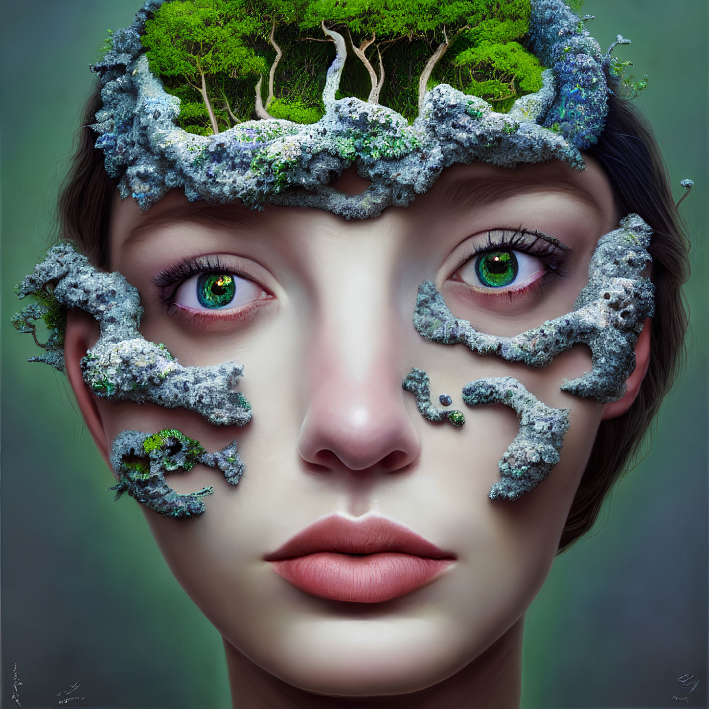 Person with Vibrant Green Eyes Surrounded by Forest Ecosystem in Digital Art