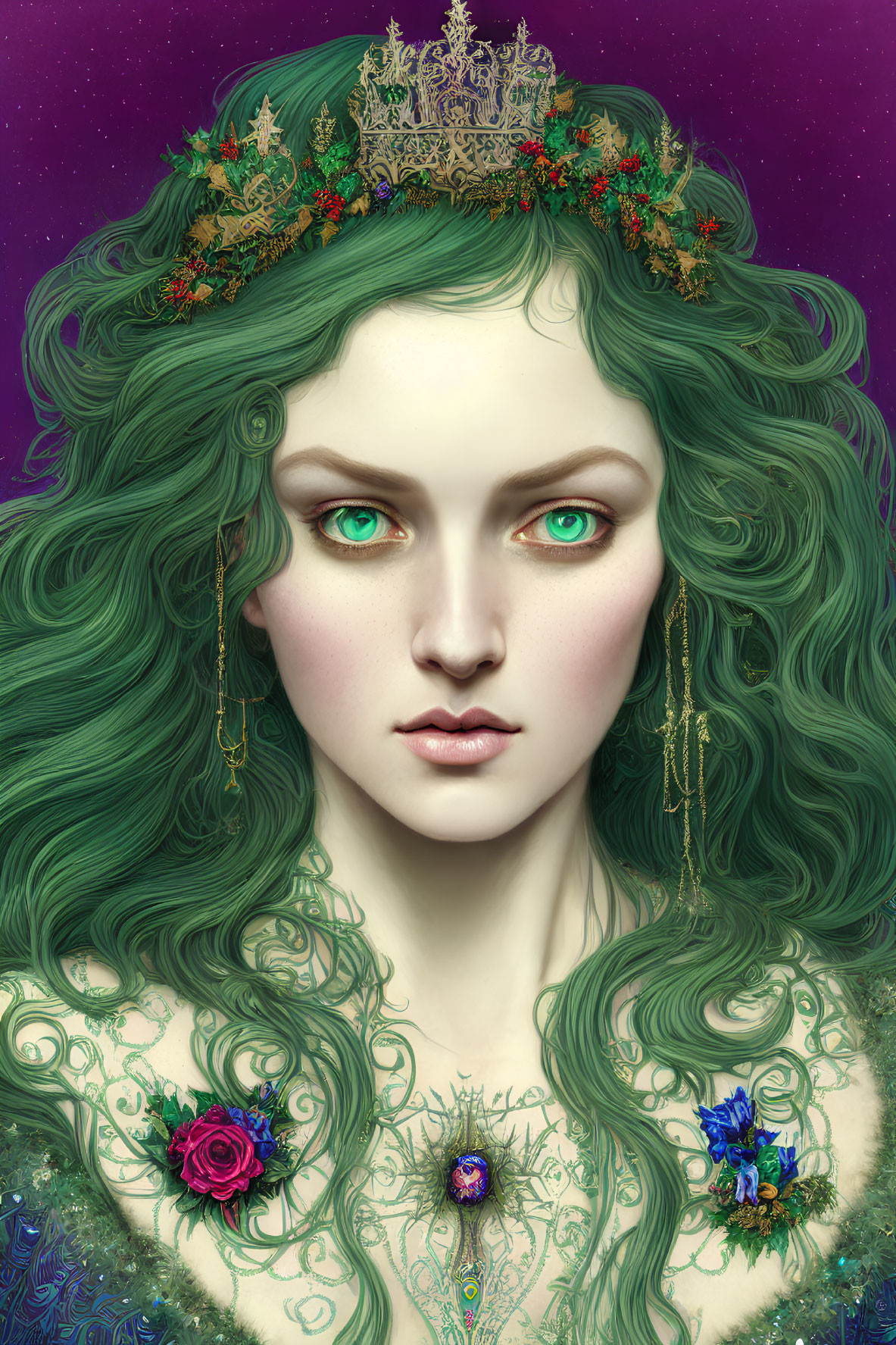 Portrait of Woman with Emerald Green Eyes and Nature-Themed Crown