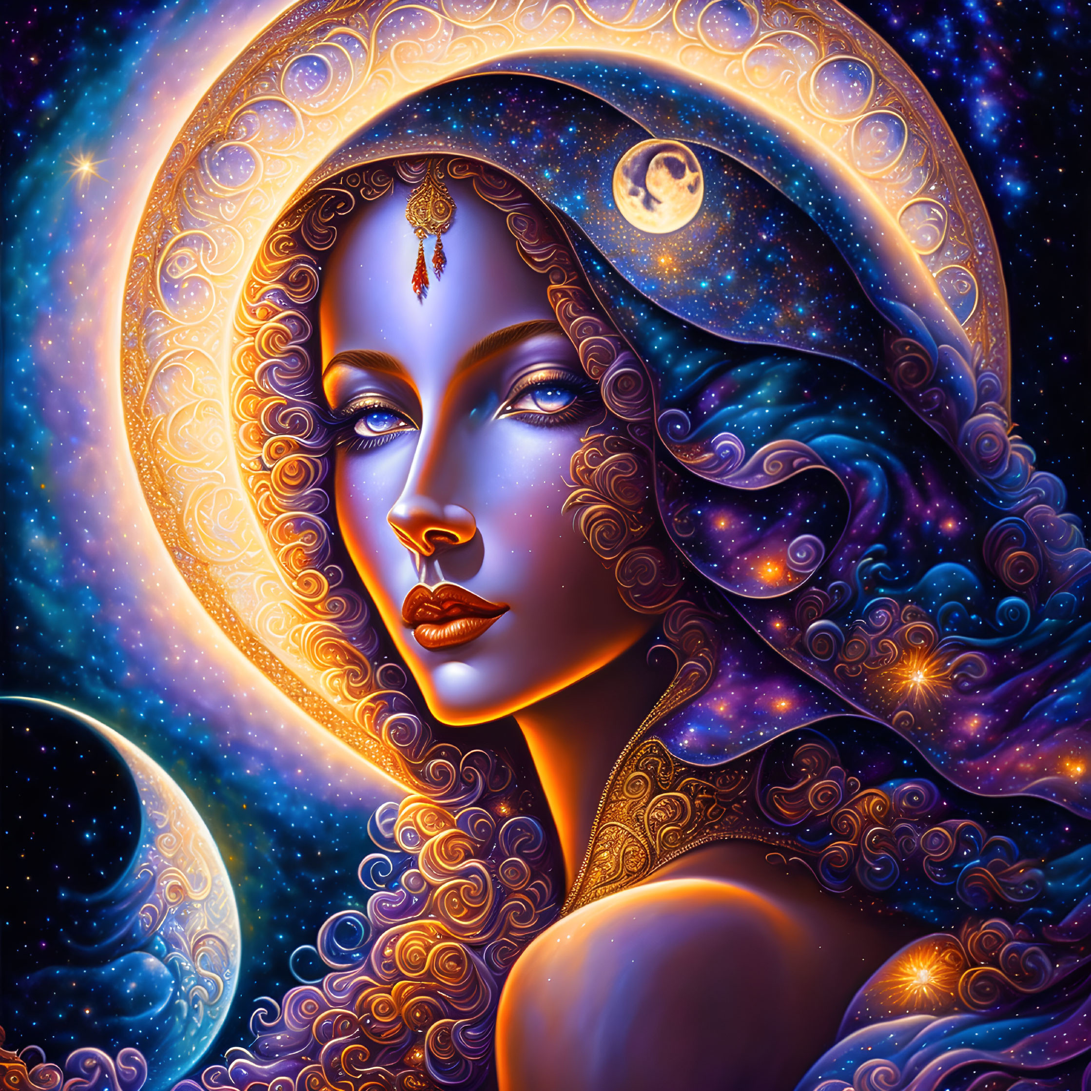 Cosmic-themed illustration of a woman with celestial jewelry surrounded by stars and planets