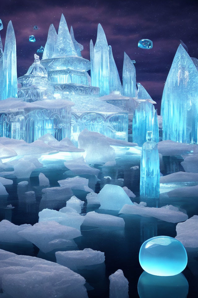 Glowing ice palace in a fantastical frozen landscape