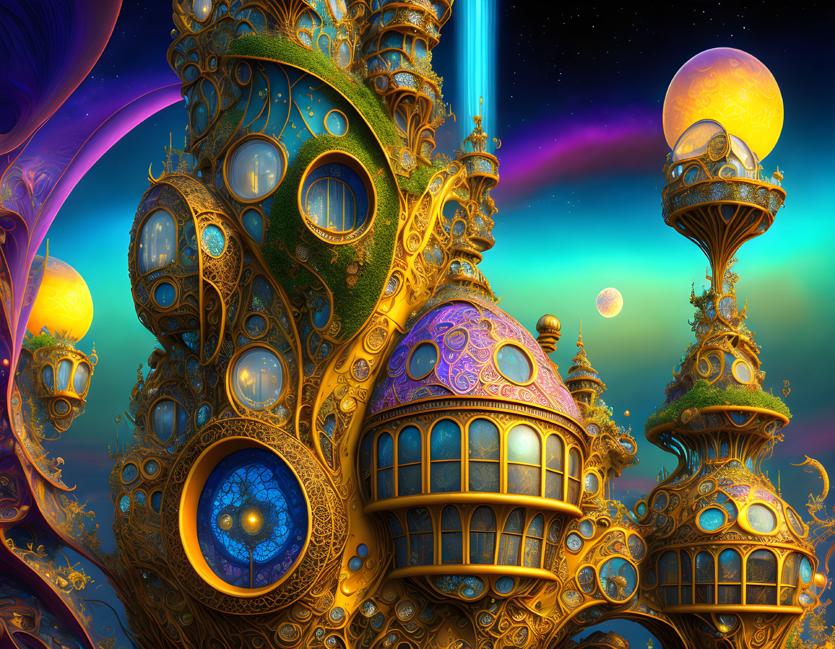 Fantastical cityscape with golden towers and moons