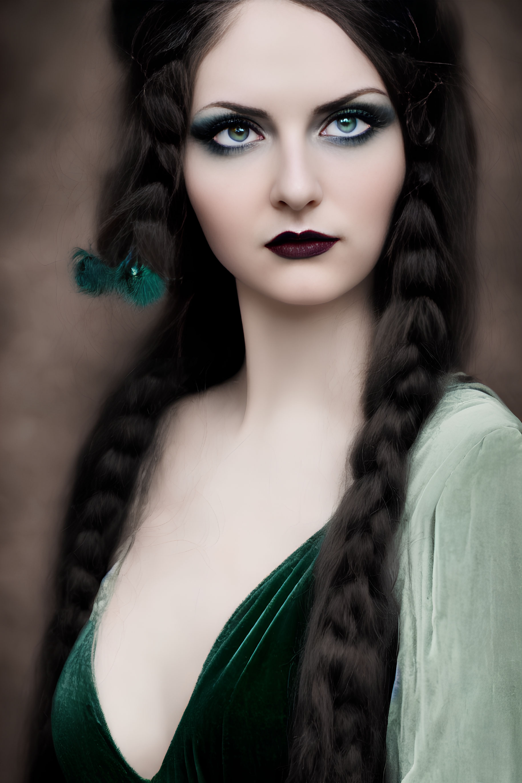 Striking blue-eyed woman with braided hair in dark green velvet dress