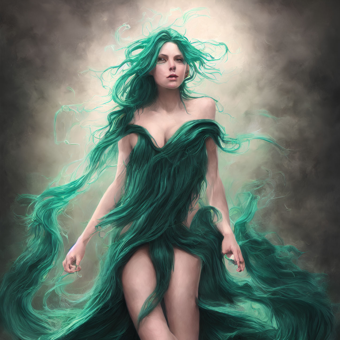 Digital Artwork: Woman with Flowing Green Hair and Dress on Muted Background