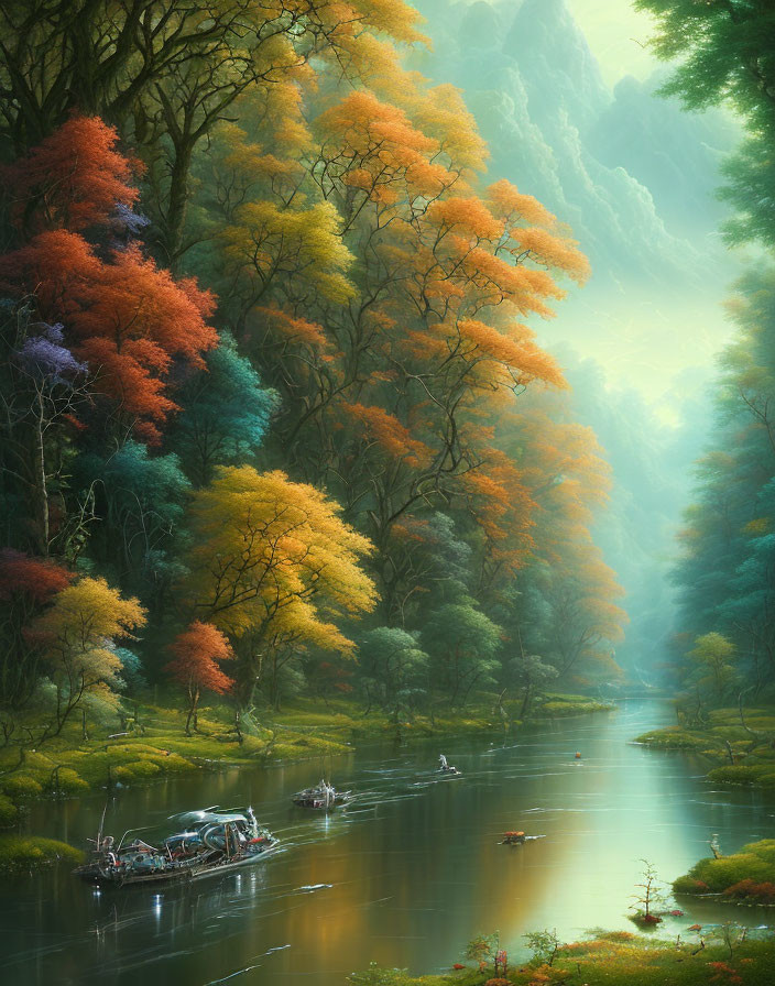 Autumnal forest scene with misty river and drifting boats