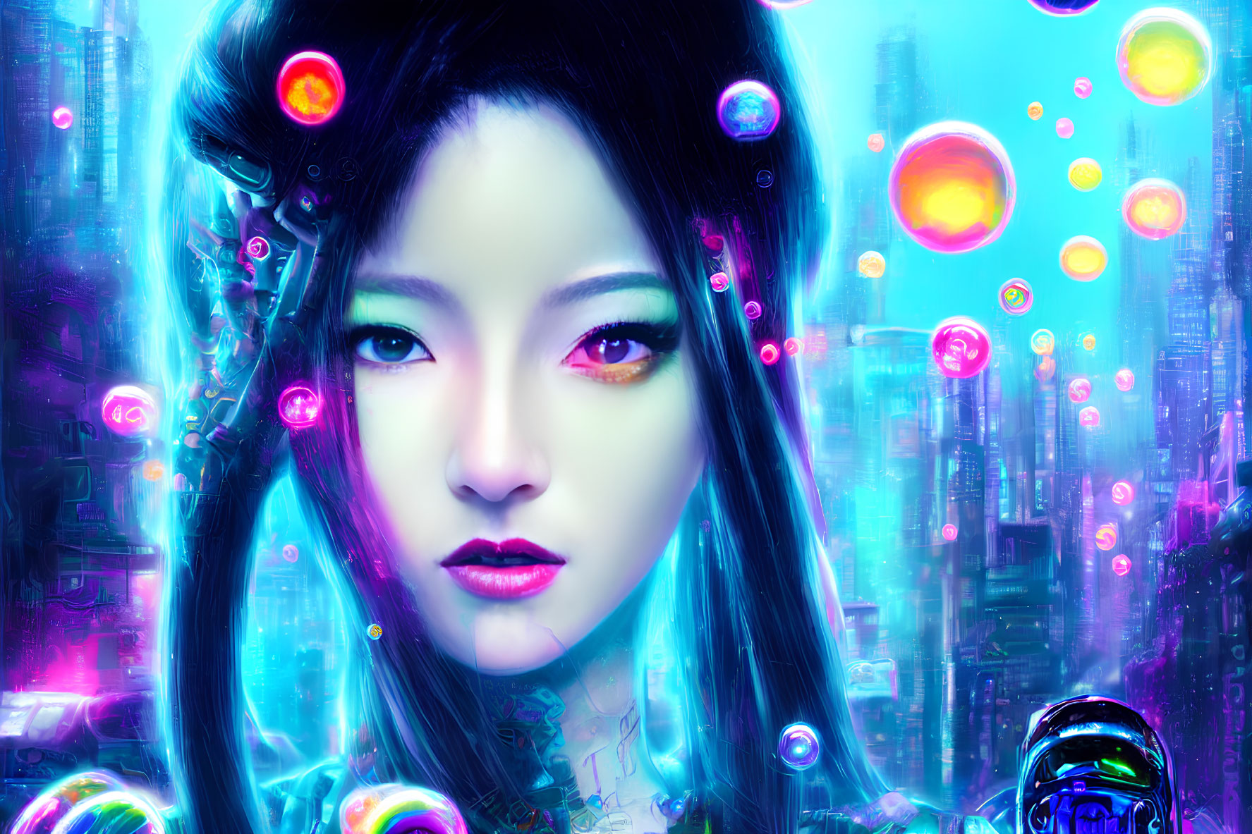 Vibrant red-eyed woman in neon cityscape with colorful bubbles