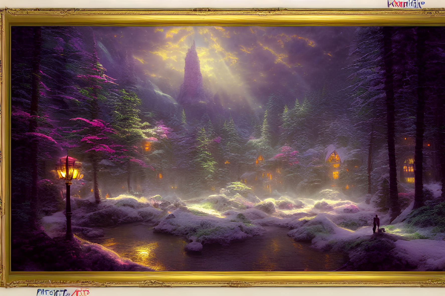 Purple-hued forest painting with glowing trees, river, street lamps, fog, and solitary figure