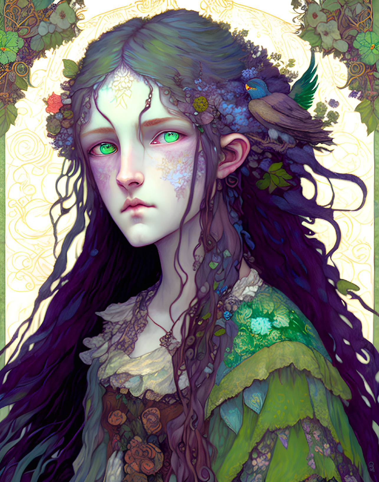 Mystical being with green eyes, floral adornments, and bird, in ethereal forest setting