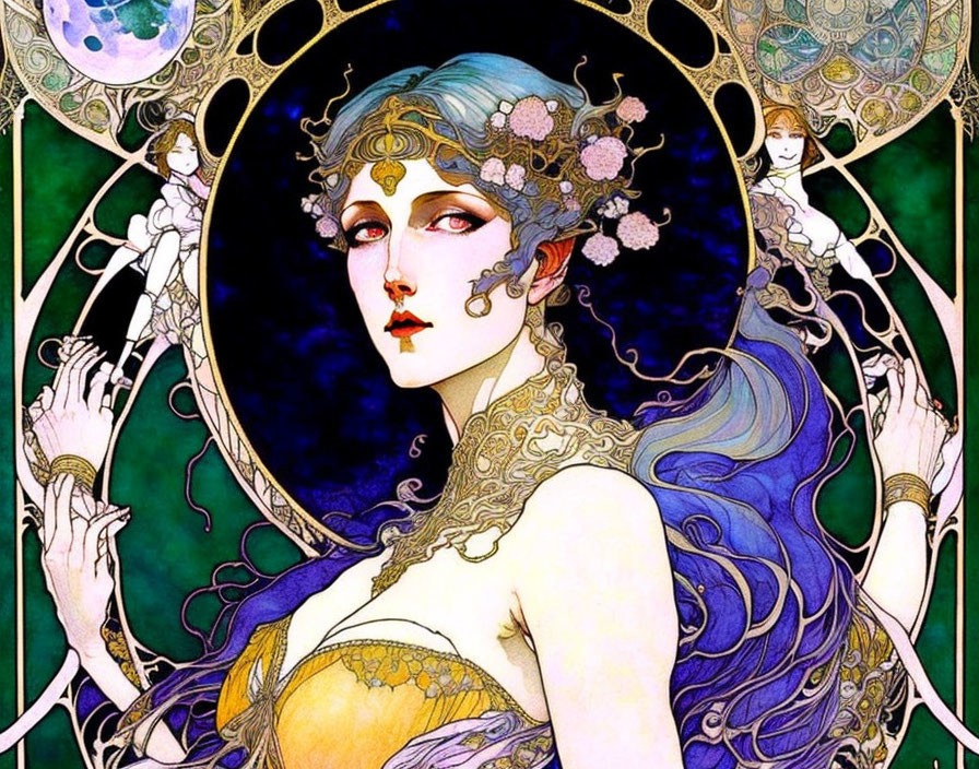 Art Nouveau style illustration of woman with flowing blue hair and intricate jewelry