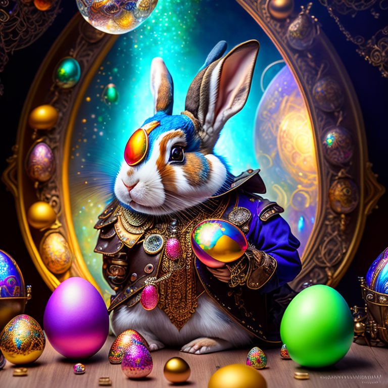 Colorful Steampunk Rabbit with Elaborate Eggs Illustration