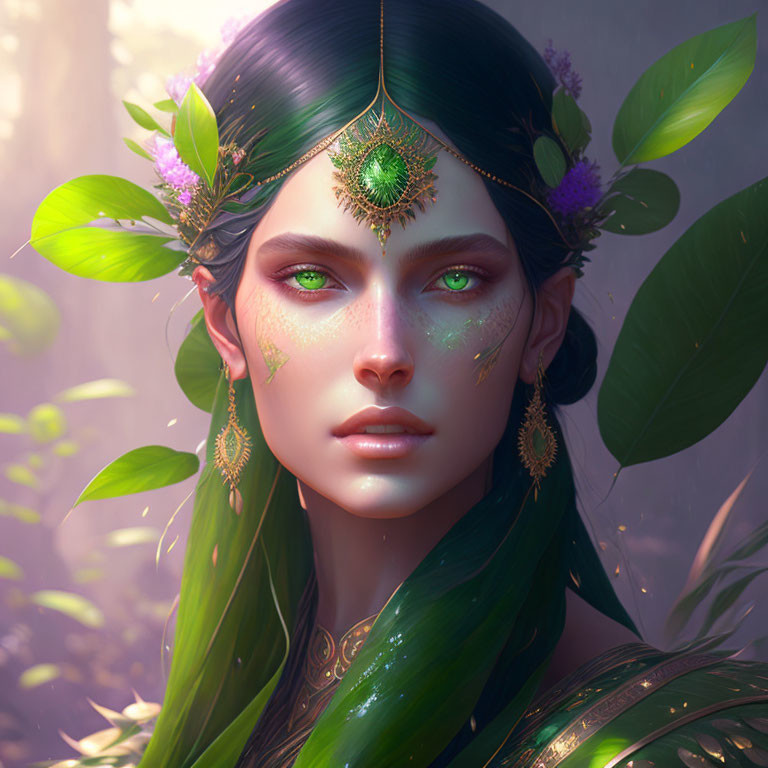 Fantastical female with green eyes and elaborate golden jewelry