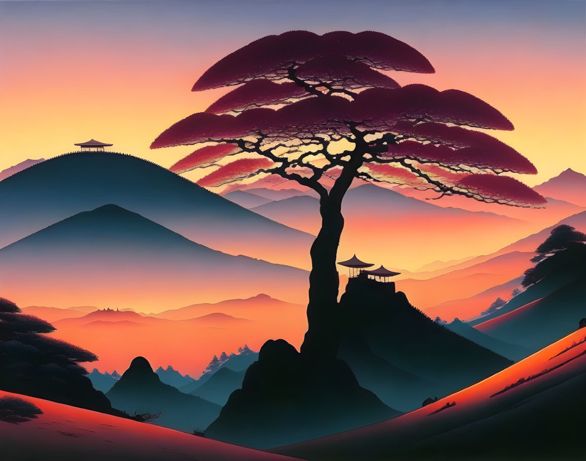 Stylized landscape with large tree, mountains, pagodas, gradient sky