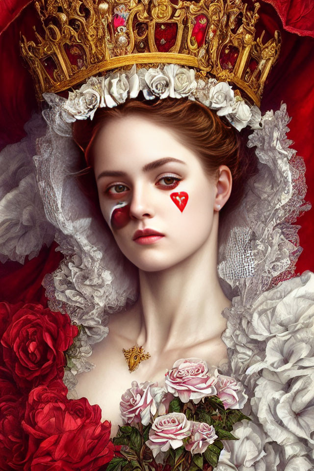 Young woman with golden crown and heart-shaped face paint among lace and red roses.