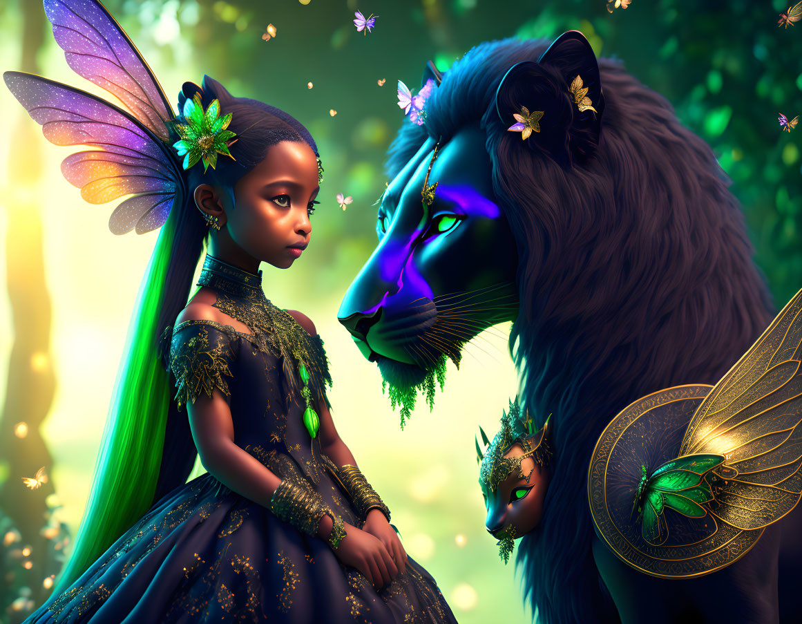 Fantasy digital art: Fairy girl with butterfly wings and blue lion in mystical forest.