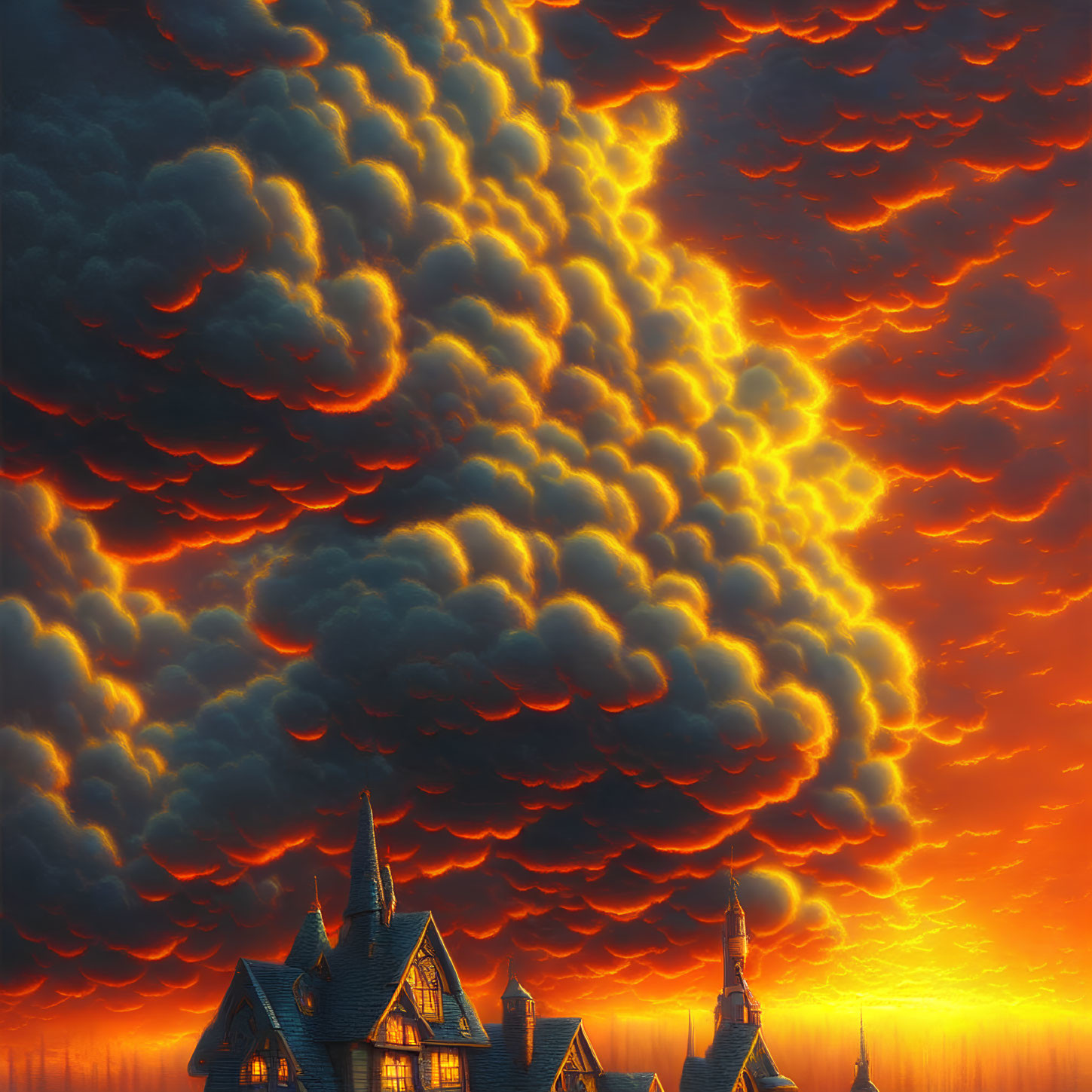 Gothic-style house under fiery sunset sky with dramatic clouds