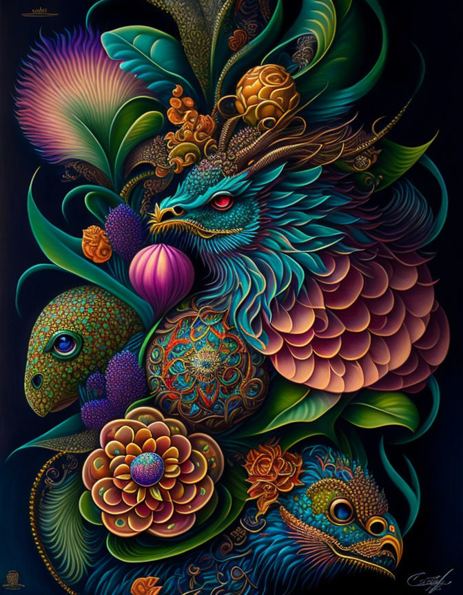 Colorful Mythical Dragon Artwork with Ornate Floral Patterns