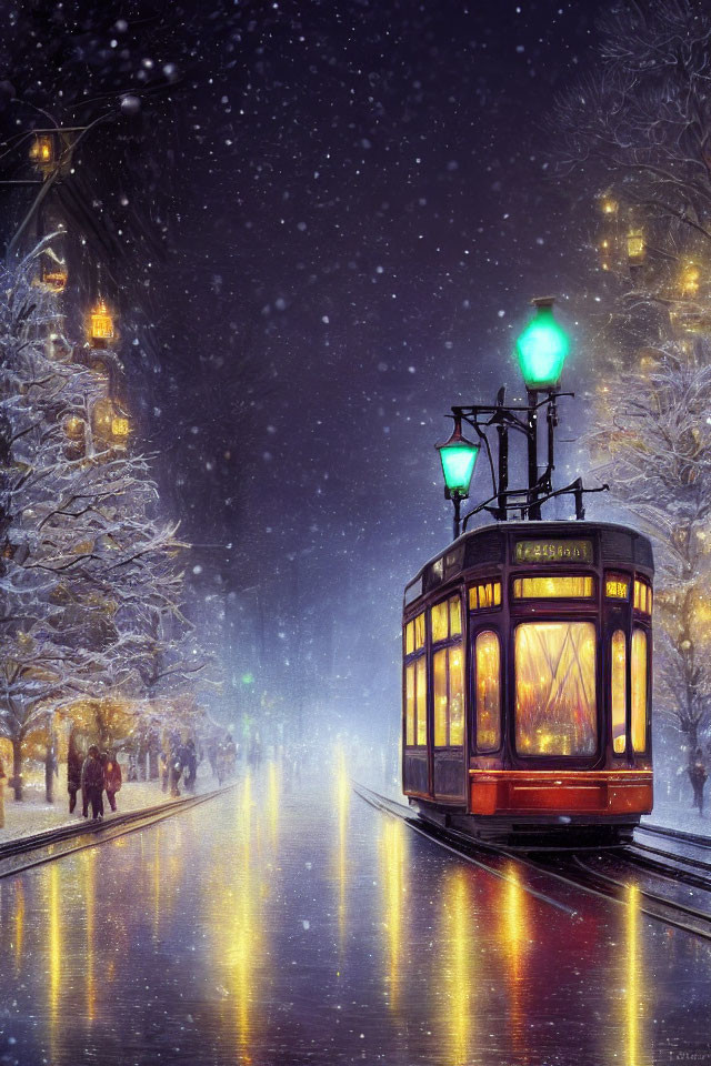 Vintage Tram on Snowy Street with Pedestrians and Glowing Streetlamps